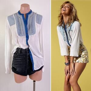 Desigual Western Rodeo Country Gauze Denim Fringe Sleeve Boho Top White S NWT